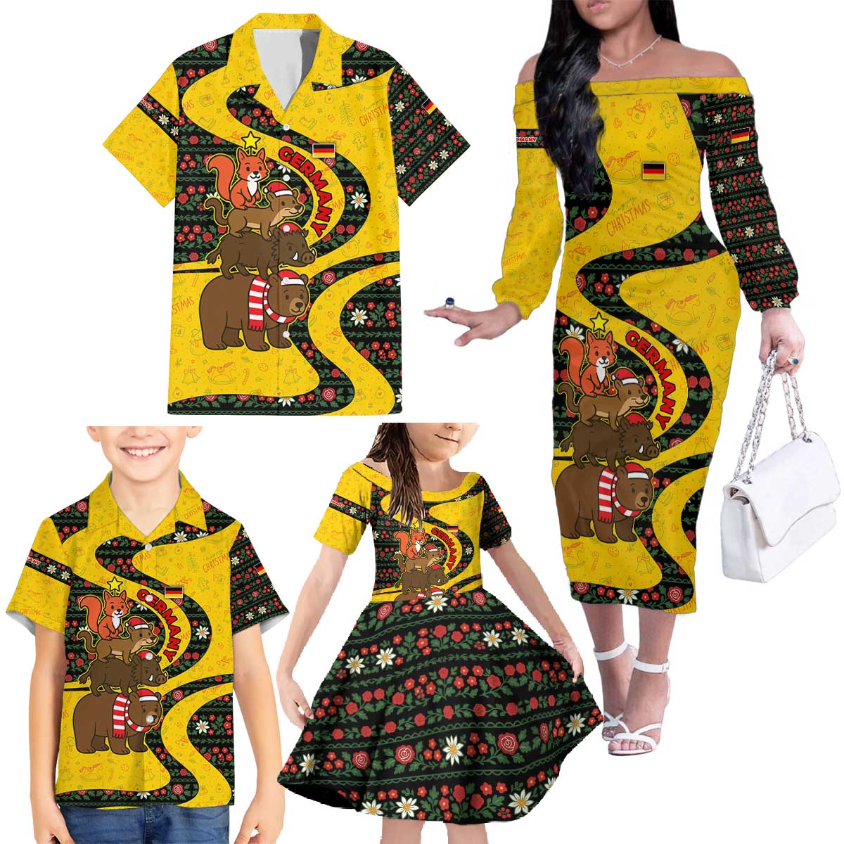 Germany Christmas Family Matching Off The Shoulder Long Sleeve Dress and Hawaiian Shirt with Bear Boar Otter Squirrel and Holiday Pattern Design - Wonder Print Shop