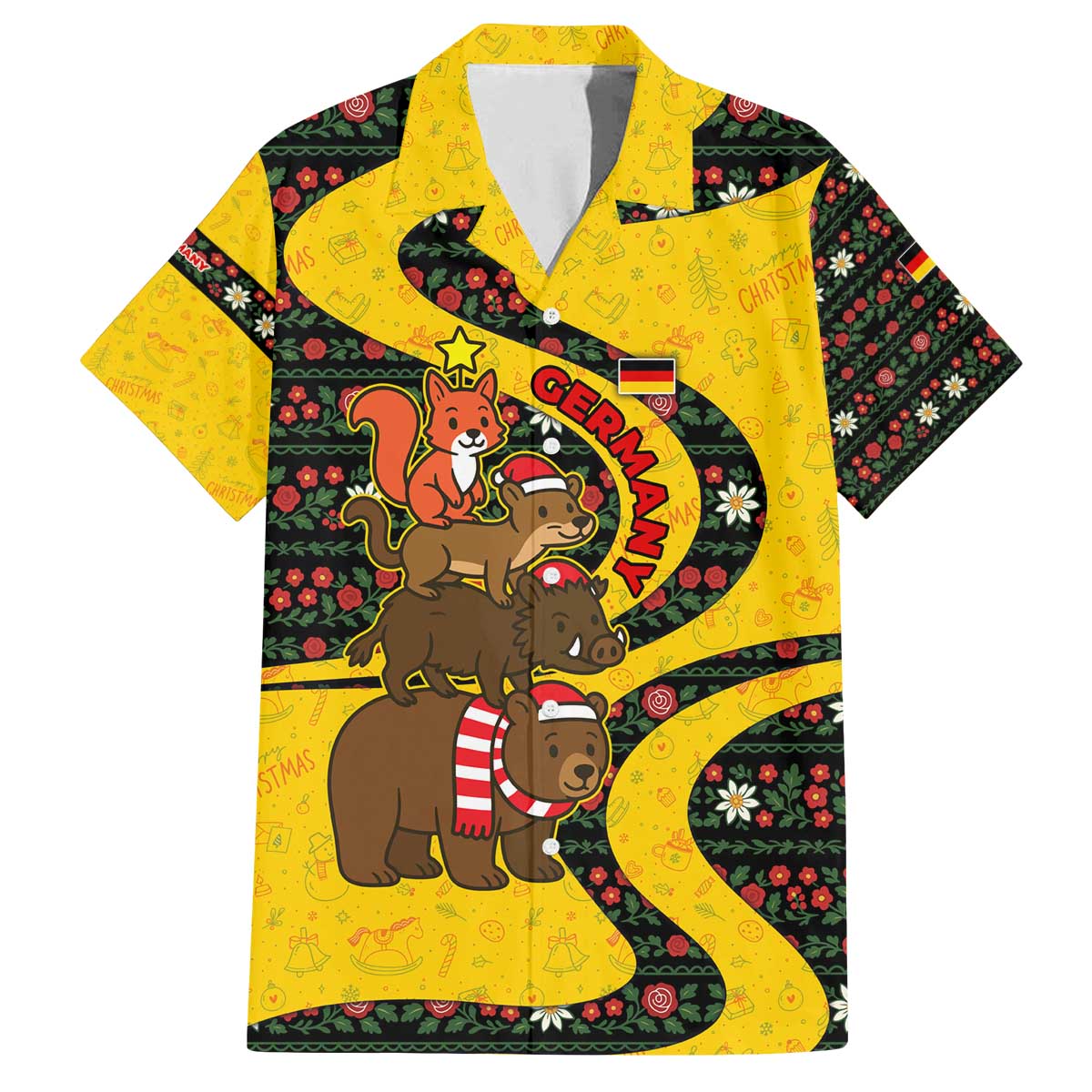 Germany Christmas Family Matching Off The Shoulder Long Sleeve Dress and Hawaiian Shirt with Bear Boar Otter Squirrel and Holiday Pattern Design - Wonder Print Shop