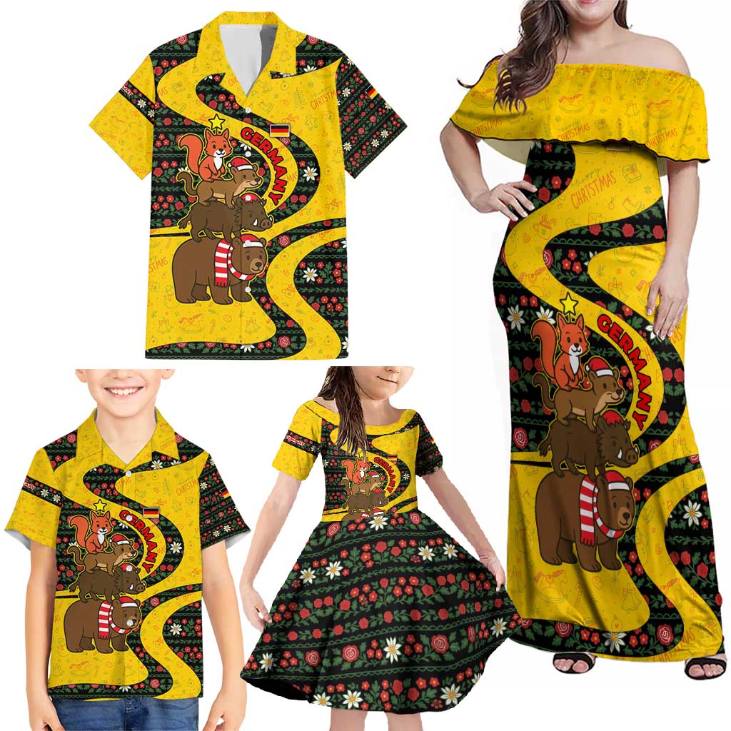 Germany Christmas Family Matching Off Shoulder Maxi Dress and Hawaiian Shirt with Bear Boar Otter Squirrel and Holiday Pattern Design - Wonder Print Shop