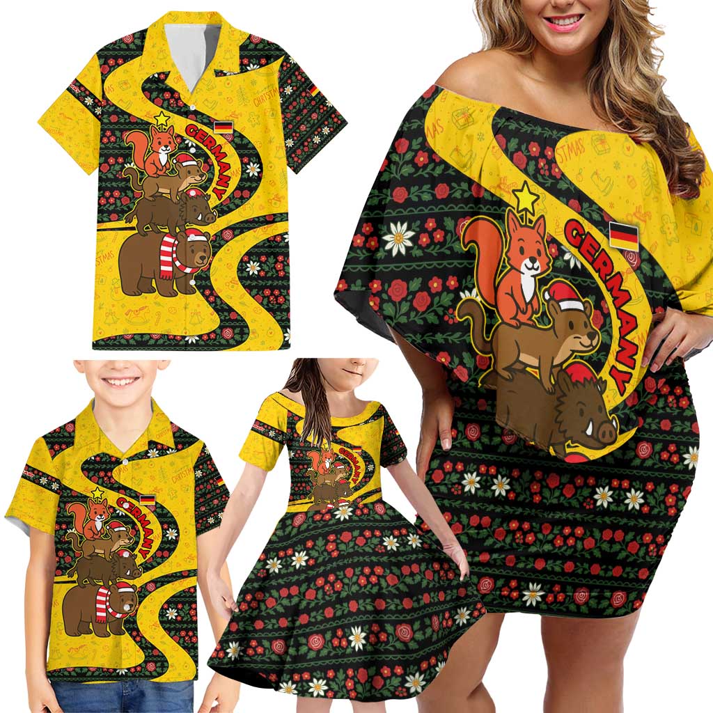 Germany Christmas Family Matching Off Shoulder Short Dress and Hawaiian Shirt with Bear Boar Otter Squirrel and Holiday Pattern Design - Wonder Print Shop