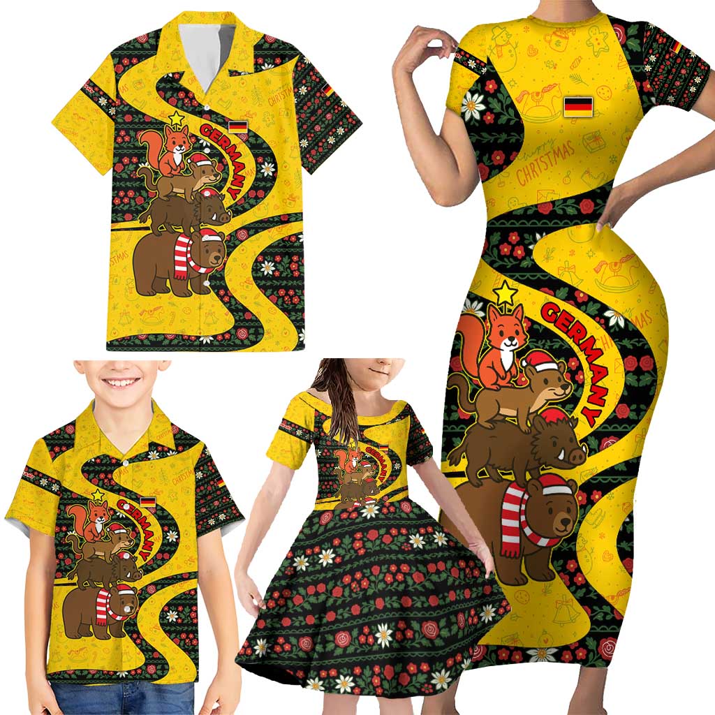 Germany Christmas Family Matching Short Sleeve Bodycon Dress and Hawaiian Shirt with Bear Boar Otter Squirrel and Holiday Pattern Design - Wonder Print Shop