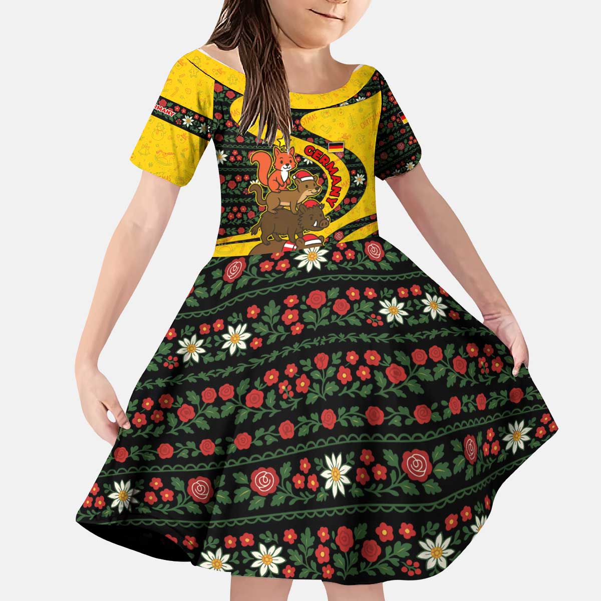 Germany Christmas Kid Short Sleeve Dress with Bear Boar Otter Squirrel and Holiday Pattern Design - Wonder Print Shop