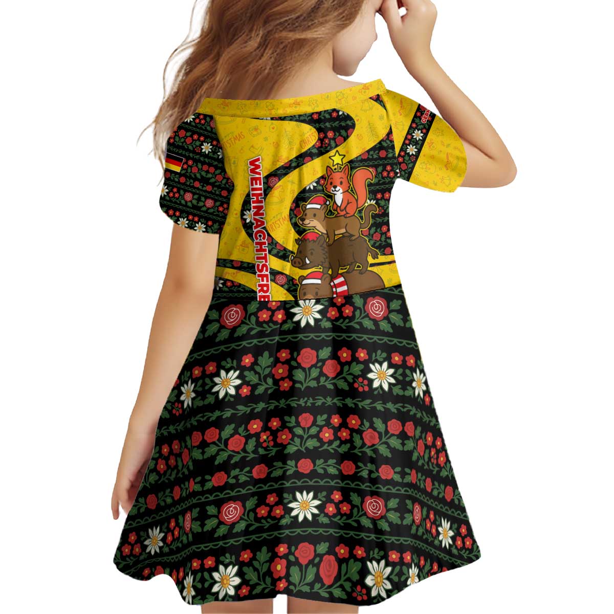 Germany Christmas Kid Short Sleeve Dress with Bear Boar Otter Squirrel and Holiday Pattern Design - Wonder Print Shop