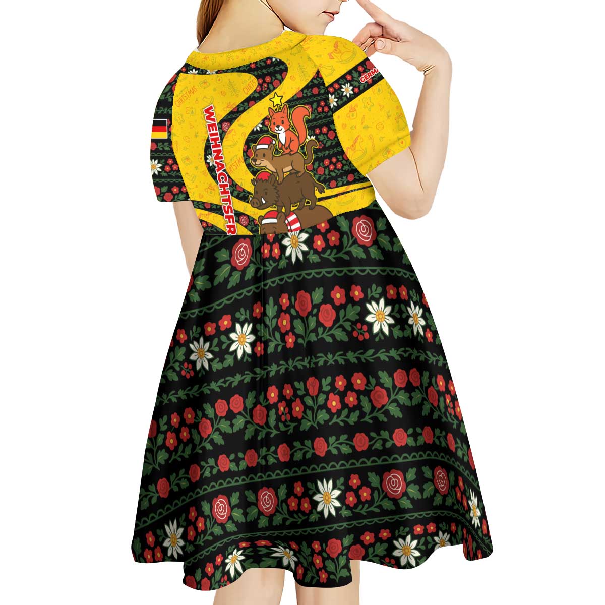 Germany Christmas Kid Short Sleeve Dress with Bear Boar Otter Squirrel and Holiday Pattern Design - Wonder Print Shop