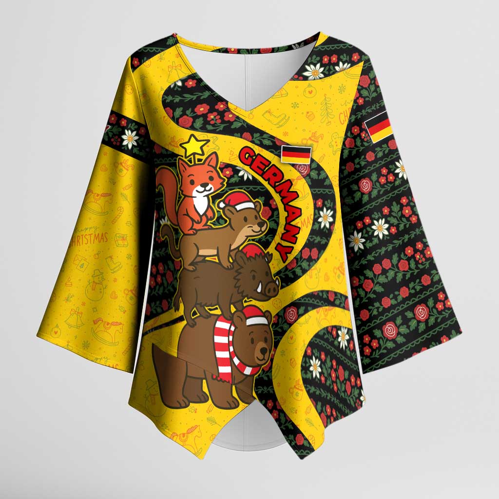 Germany Christmas Kimono Sleeve Blouse with Bear Boar Otter Squirrel and Holiday Pattern Design - Wonder Print Shop