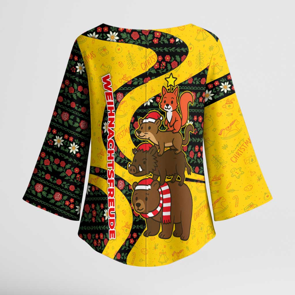 Germany Christmas Kimono Sleeve Blouse with Bear Boar Otter Squirrel and Holiday Pattern Design - Wonder Print Shop
