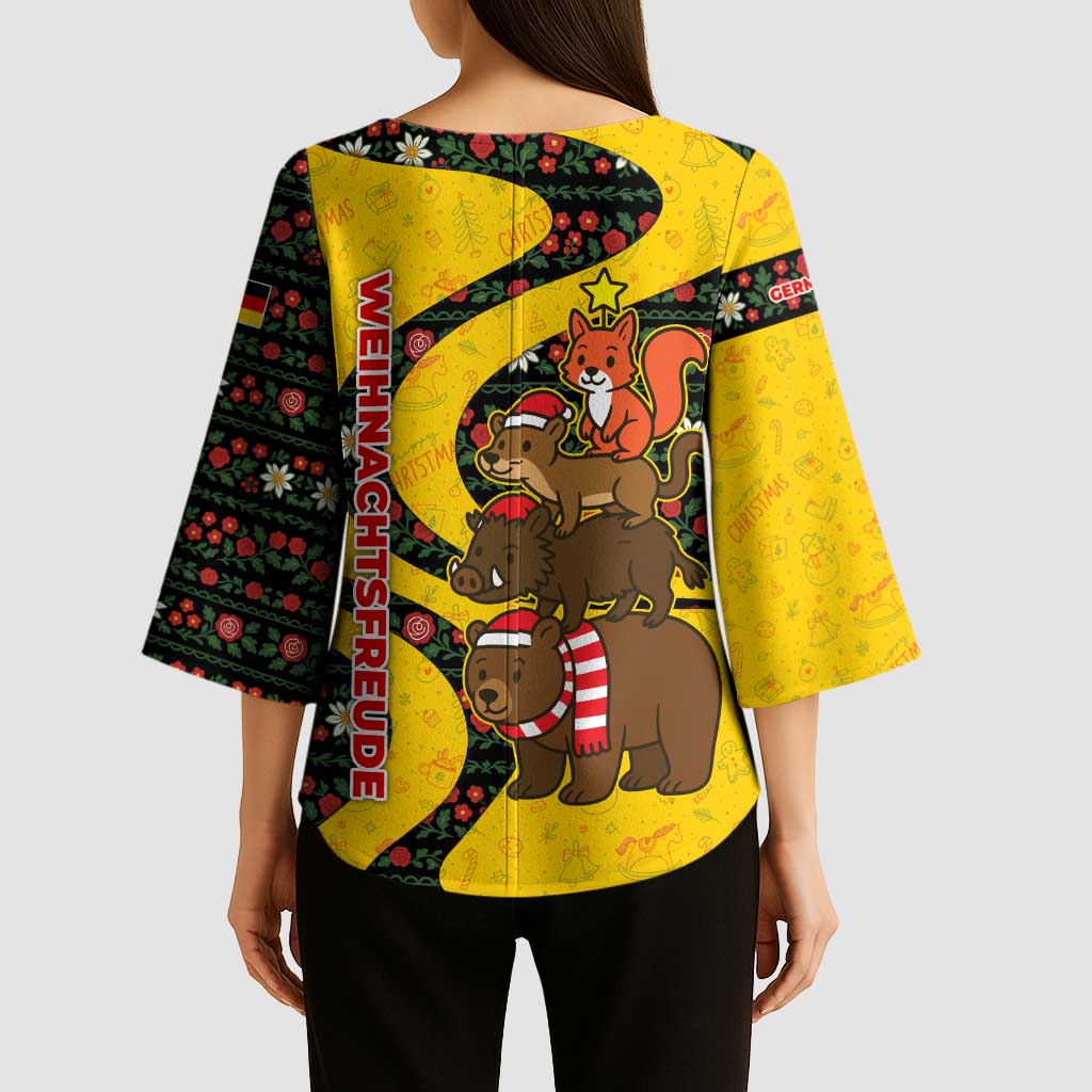 Germany Christmas Kimono Sleeve Blouse with Bear Boar Otter Squirrel and Holiday Pattern Design - Wonder Print Shop