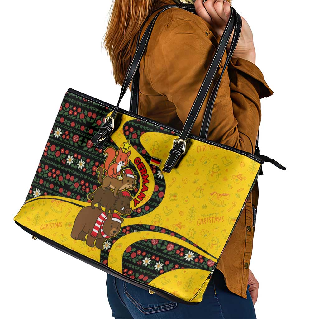 Germany Christmas Leather Tote Bag with Bear Boar Otter Squirrel and Holiday Pattern Design - Wonder Print Shop