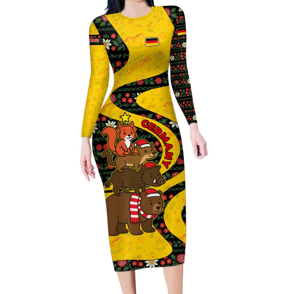 Germany Christmas Long Sleeve Bodycon Dress with Bear Boar Otter Squirrel and Holiday Pattern Design - Wonder Print Shop