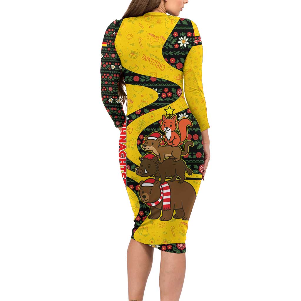 Germany Christmas Long Sleeve Bodycon Dress with Bear Boar Otter Squirrel and Holiday Pattern Design - Wonder Print Shop