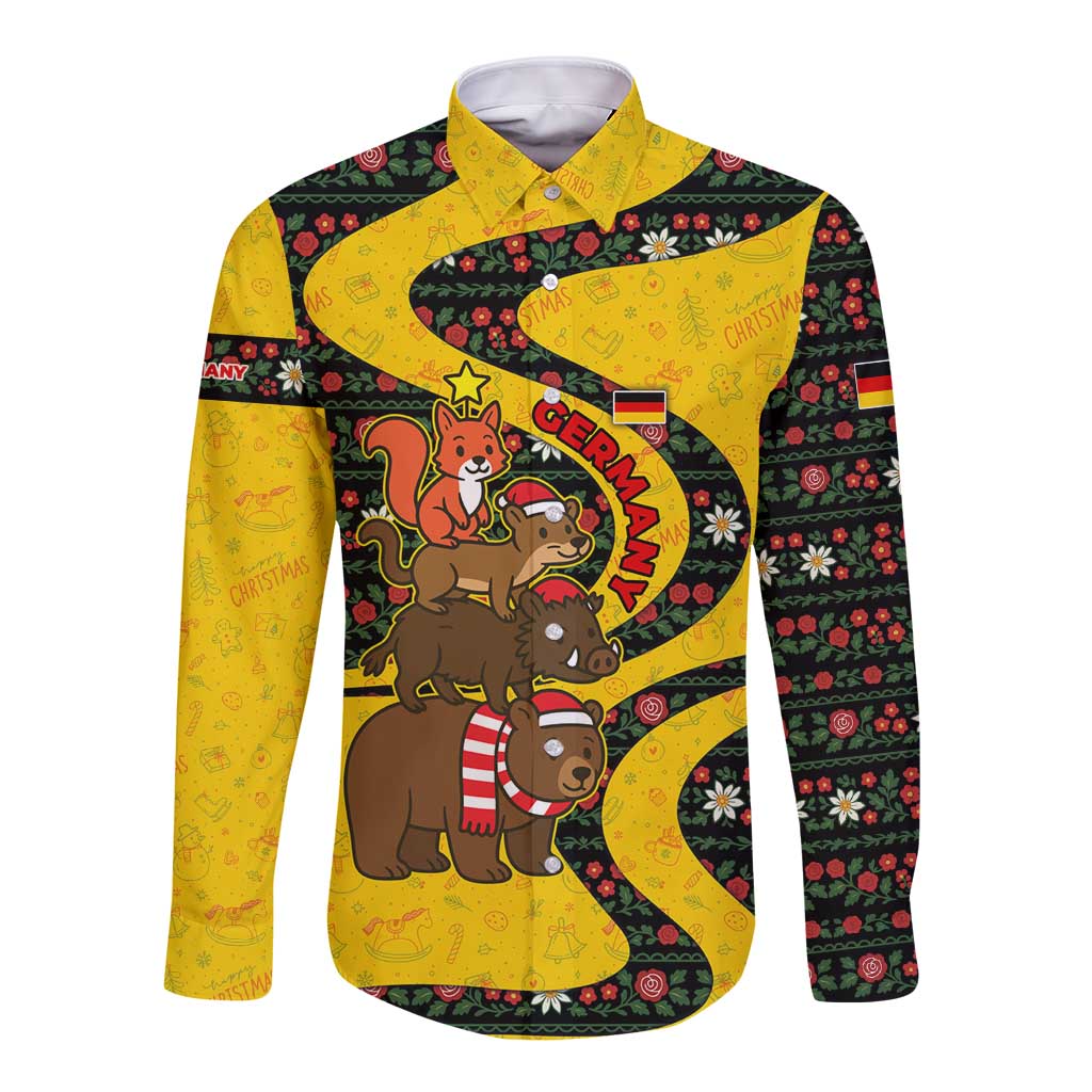 Germany Christmas Long Sleeve Button Shirt with Bear Boar Otter Squirrel and Holiday Pattern Design - Wonder Print Shop