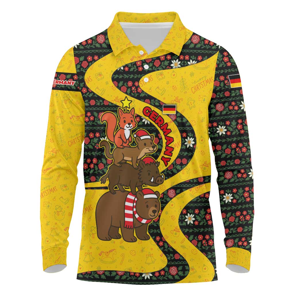 Germany Christmas Long Sleeve Polo Shirt with Bear Boar Otter Squirrel and Holiday Pattern Design - Wonder Print Shop
