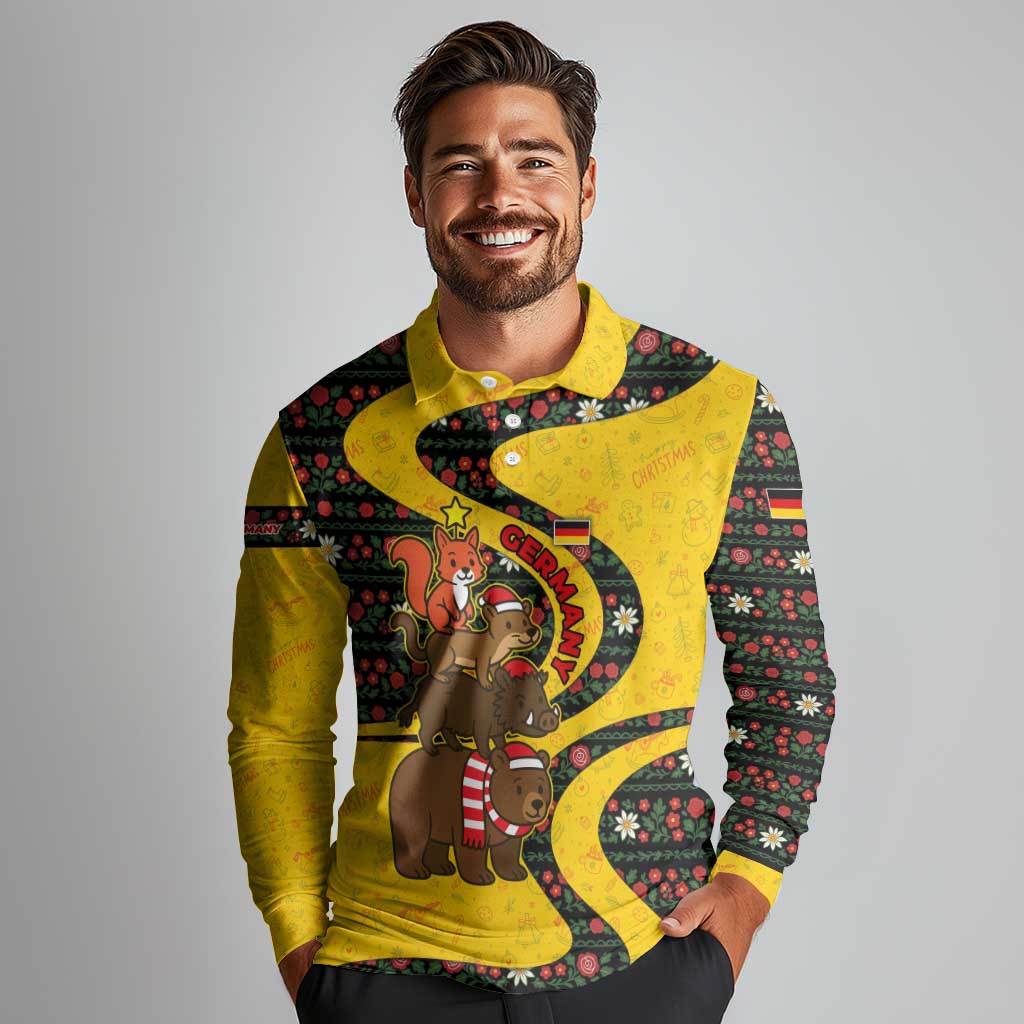 Germany Christmas Long Sleeve Polo Shirt with Bear Boar Otter Squirrel and Holiday Pattern Design - Wonder Print Shop