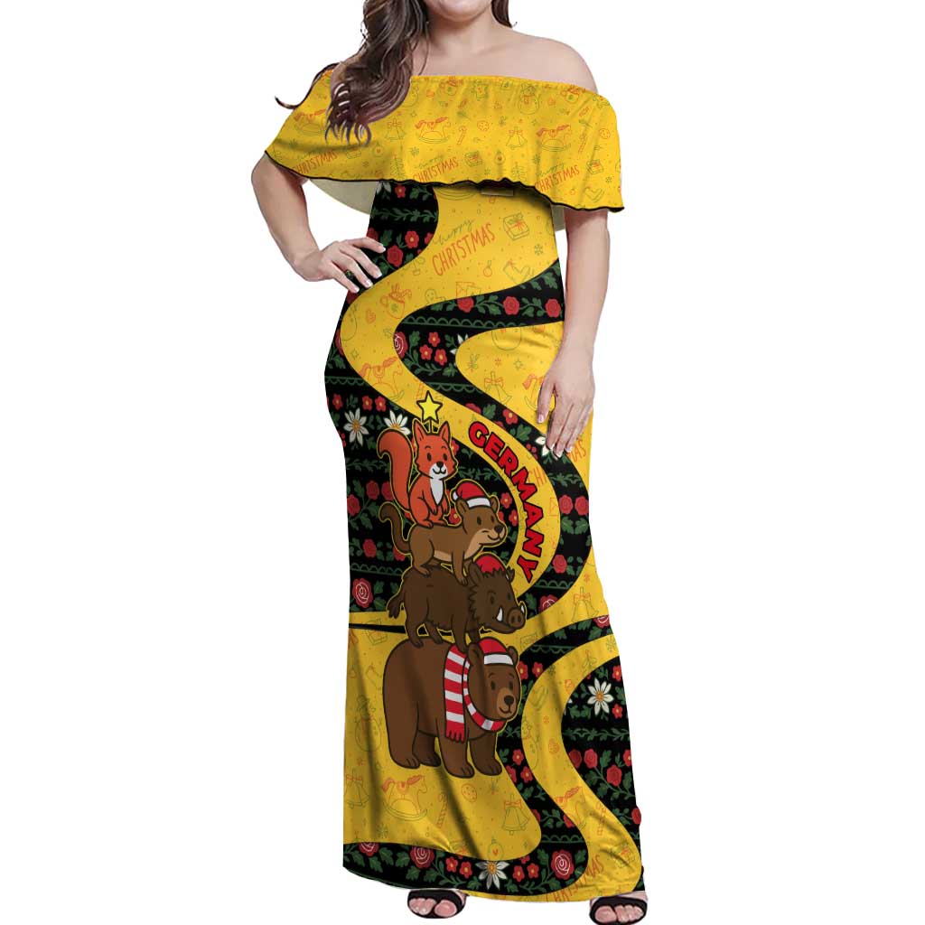 Germany Christmas Off Shoulder Maxi Dress with Bear Boar Otter Squirrel and Holiday Pattern Design - Wonder Print Shop