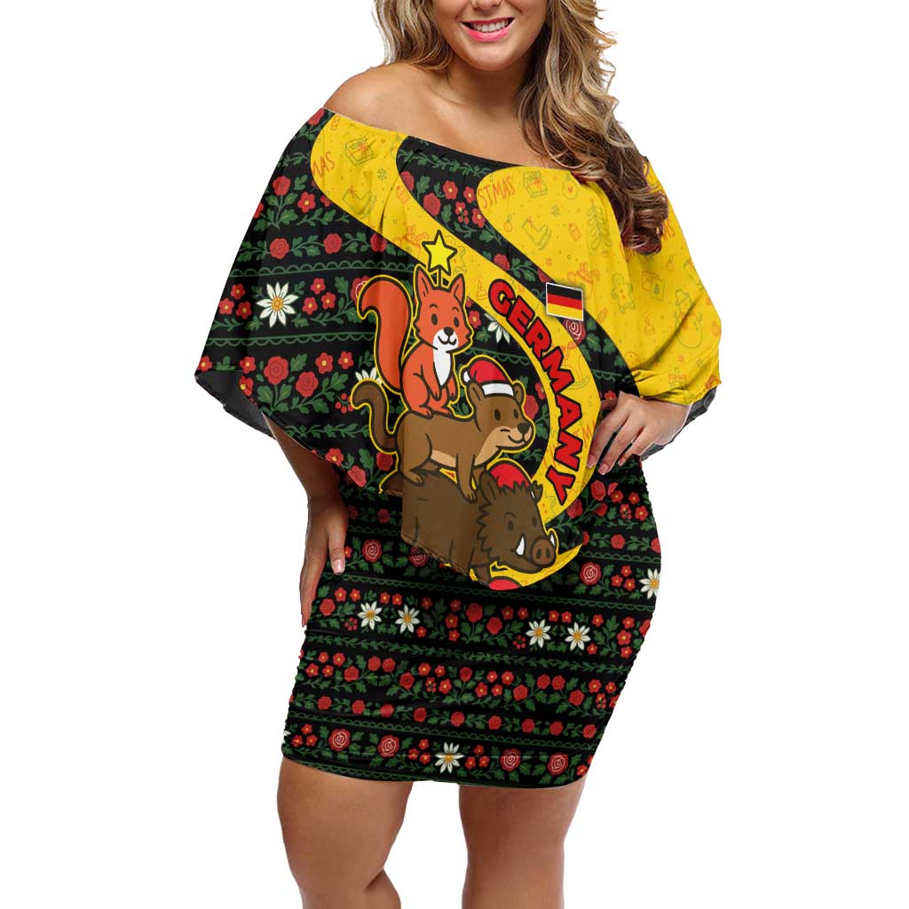 Germany Christmas Off Shoulder Short Dress with Bear Boar Otter Squirrel and Holiday Pattern Design - Wonder Print Shop