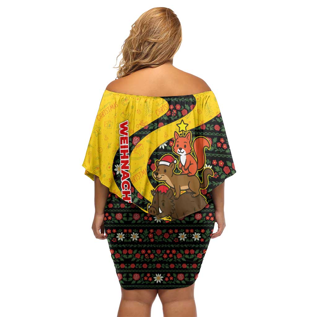 Germany Christmas Off Shoulder Short Dress with Bear Boar Otter Squirrel and Holiday Pattern Design - Wonder Print Shop