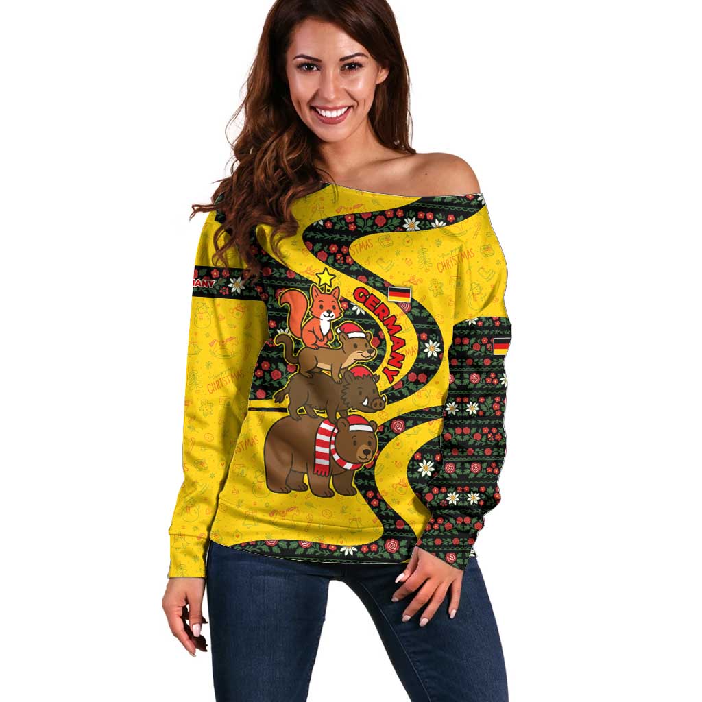 Germany Christmas Off Shoulder Sweater with Bear Boar Otter Squirrel and Holiday Pattern Design - Wonder Print Shop
