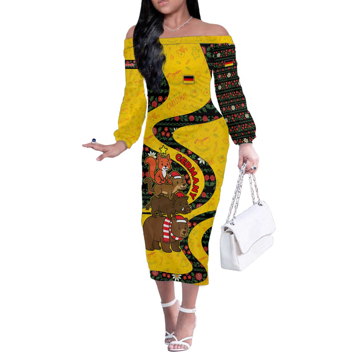 Germany Christmas Off The Shoulder Long Sleeve Dress with Bear Boar Otter Squirrel and Holiday Pattern Design - Wonder Print Shop