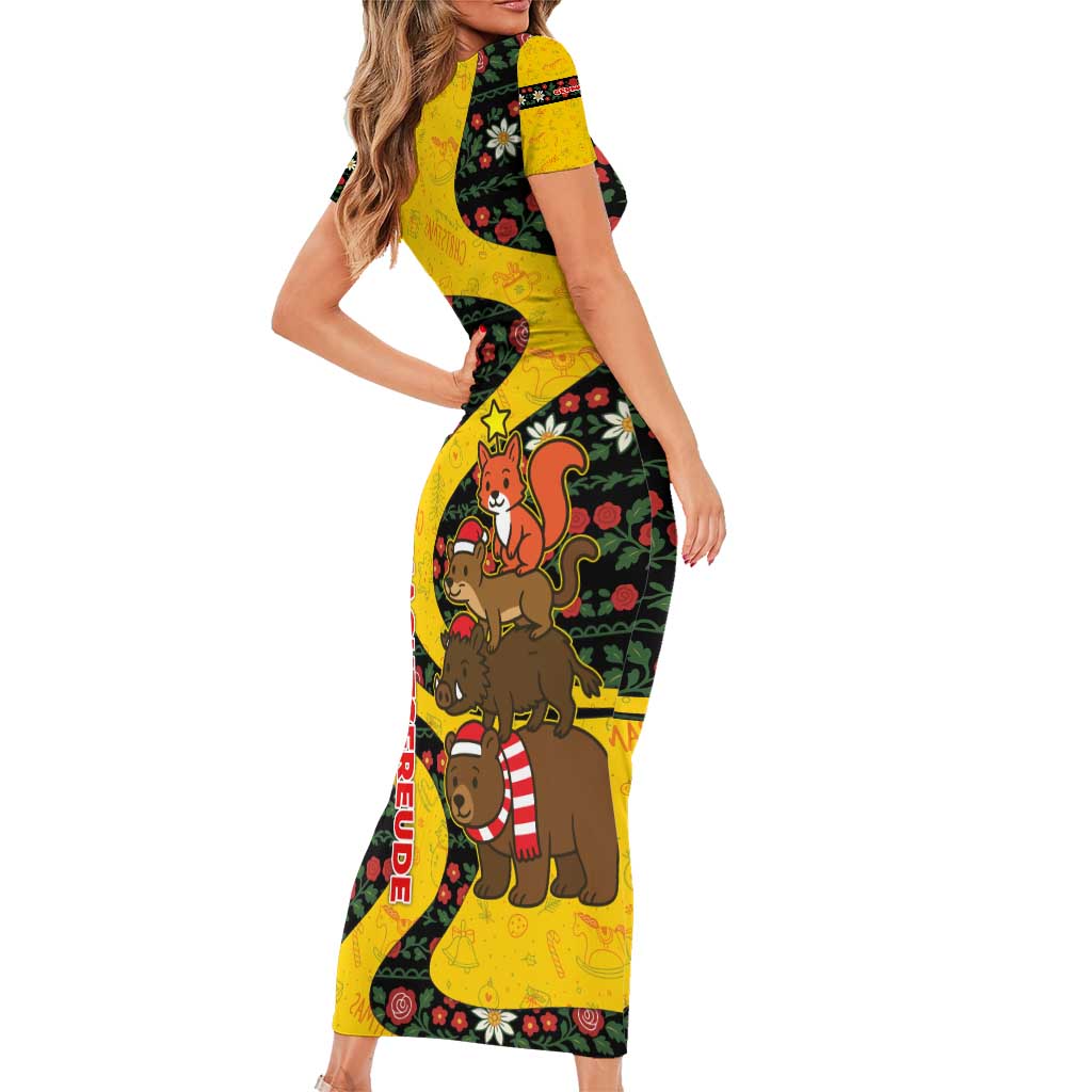 Germany Christmas Short Sleeve Bodycon Dress with Bear Boar Otter Squirrel and Holiday Pattern Design - Wonder Print Shop