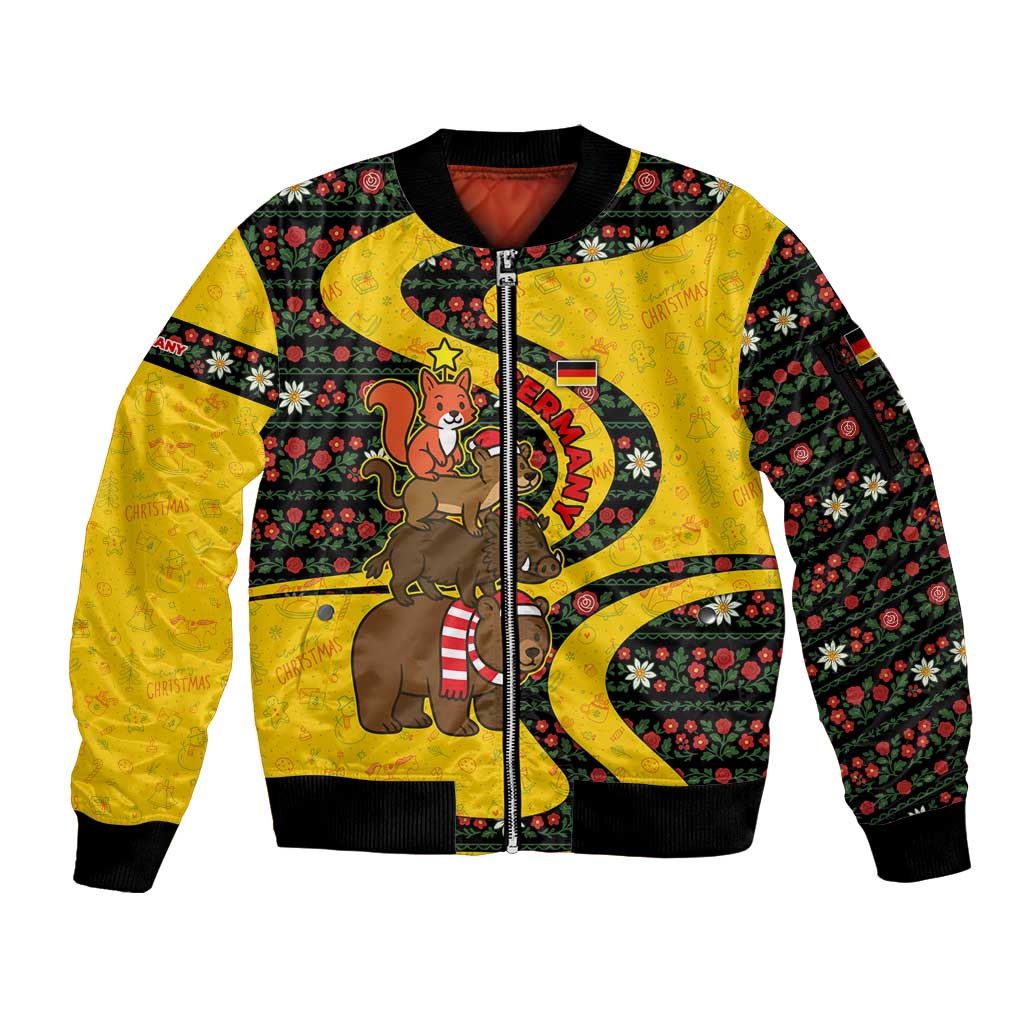 Germany Christmas Sleeve Zip Bomber Jacket with Bear Boar Otter Squirrel and Holiday Pattern Design - Wonder Print Shop
