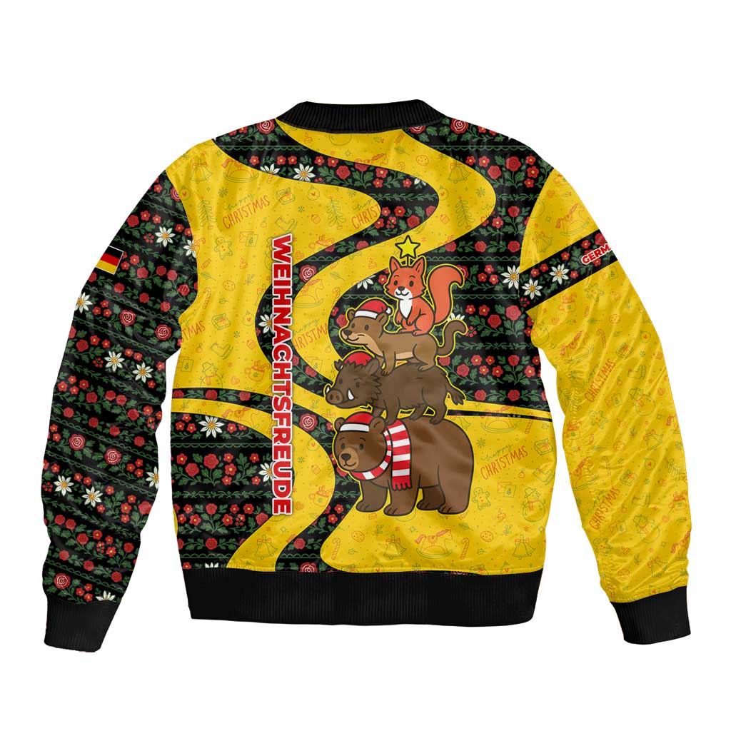 Germany Christmas Sleeve Zip Bomber Jacket with Bear Boar Otter Squirrel and Holiday Pattern Design - Wonder Print Shop