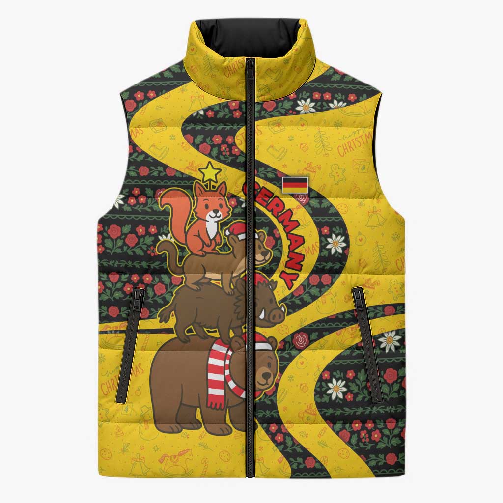 Germany Christmas Sleeveless Puffer Jacket with Bear Boar Otter Squirrel and Holiday Pattern Design - Wonder Print Shop