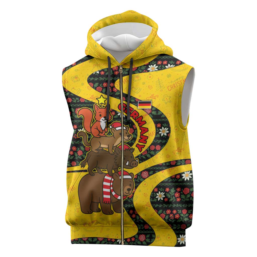 Germany Christmas Sleeveless Zip Hoodie with Bear Boar Otter Squirrel and Holiday Pattern Design - Wonder Print Shop