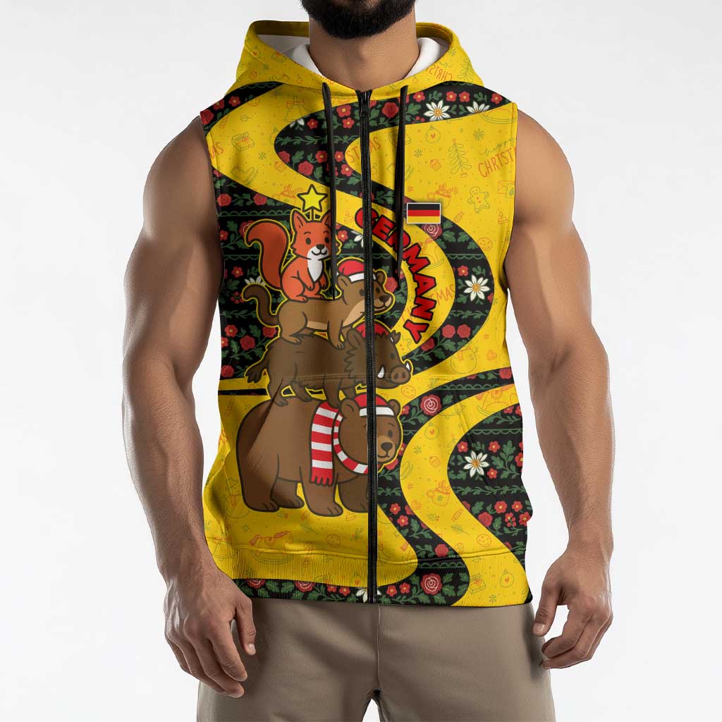 Germany Christmas Sleeveless Zip Hoodie with Bear Boar Otter Squirrel and Holiday Pattern Design - Wonder Print Shop