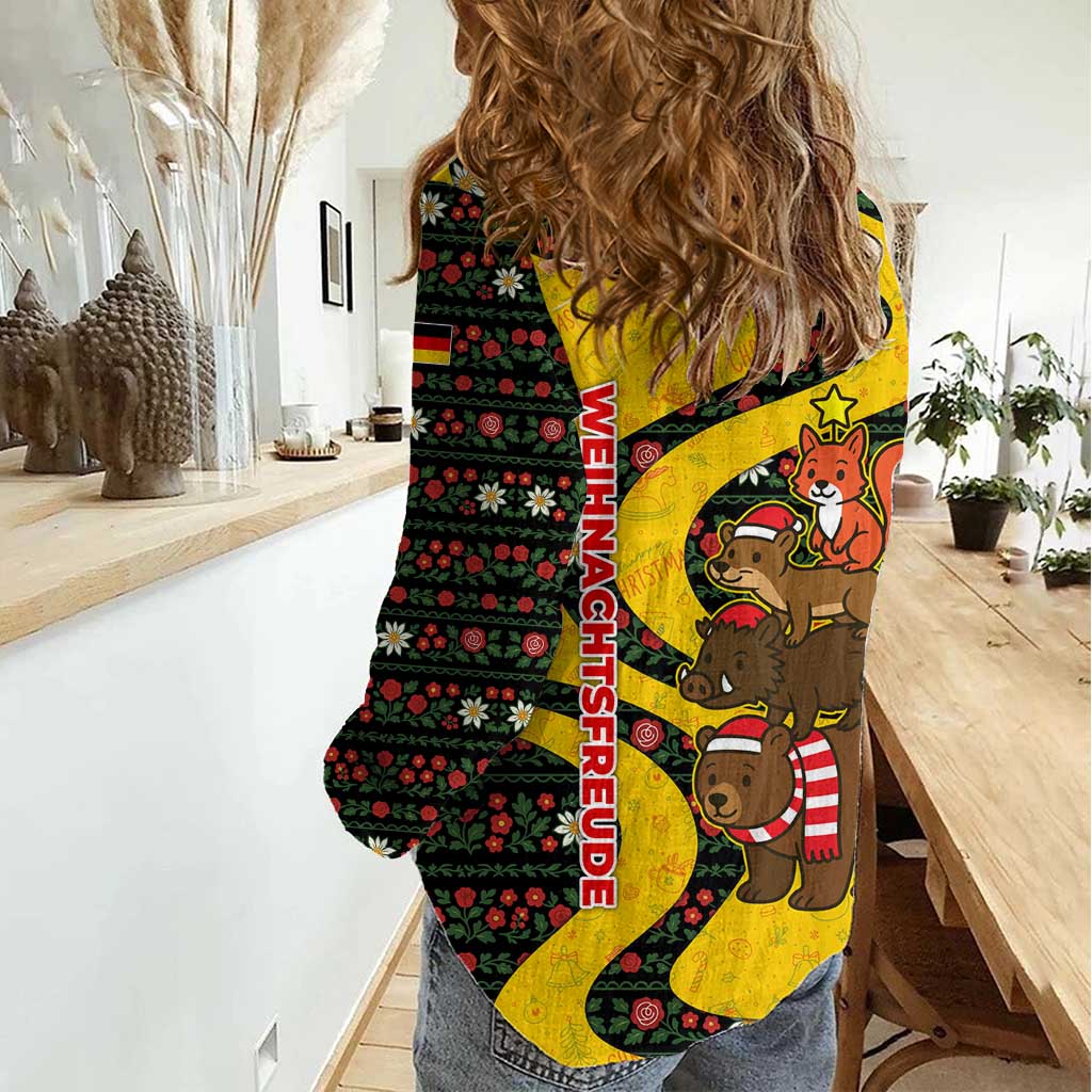 Germany Christmas Women Casual Shirt with Bear Boar Otter Squirrel and Holiday Pattern Design - Wonder Print Shop