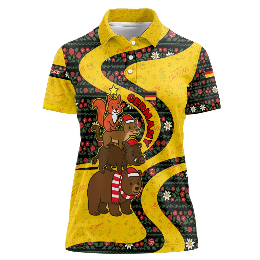 Germany Christmas Women Polo Shirt with Bear Boar Otter Squirrel and Holiday Pattern Design - Wonder Print Shop