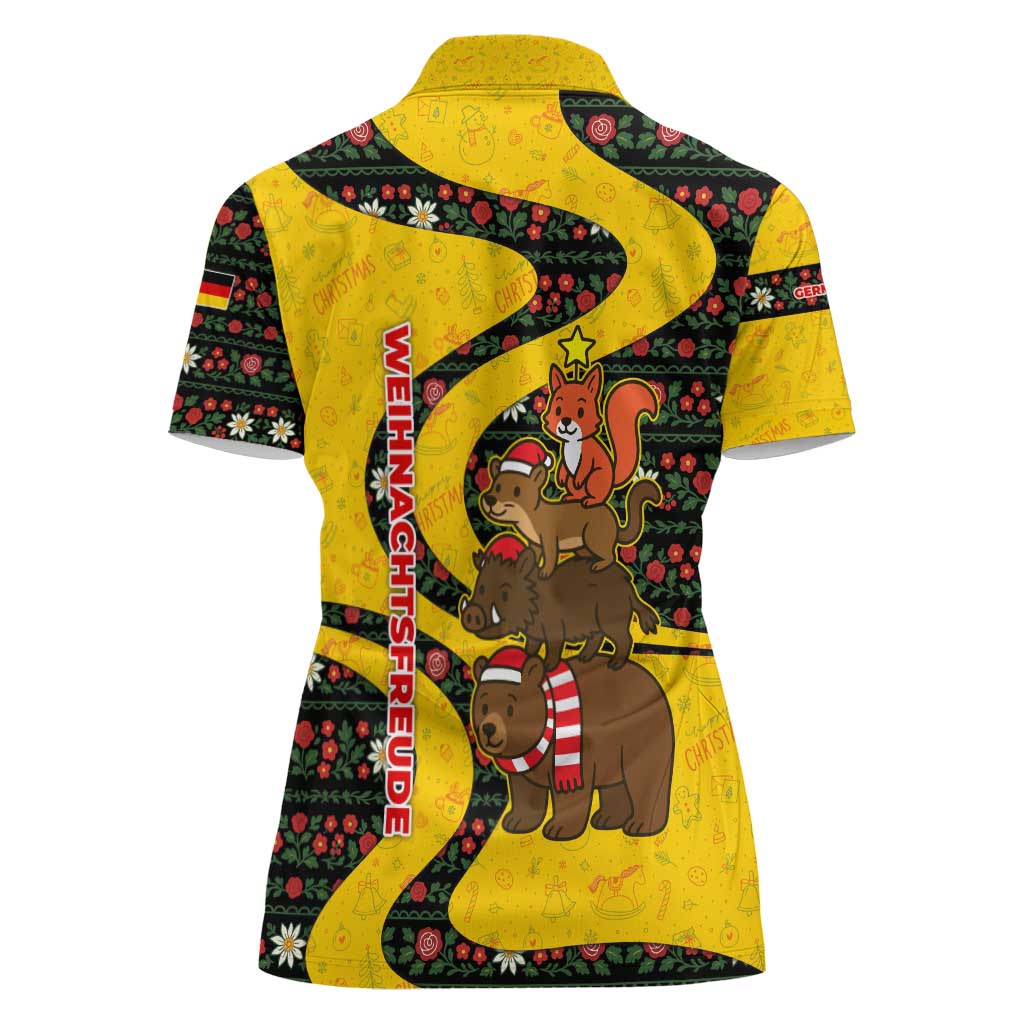 Germany Christmas Women Polo Shirt with Bear Boar Otter Squirrel and Holiday Pattern Design - Wonder Print Shop