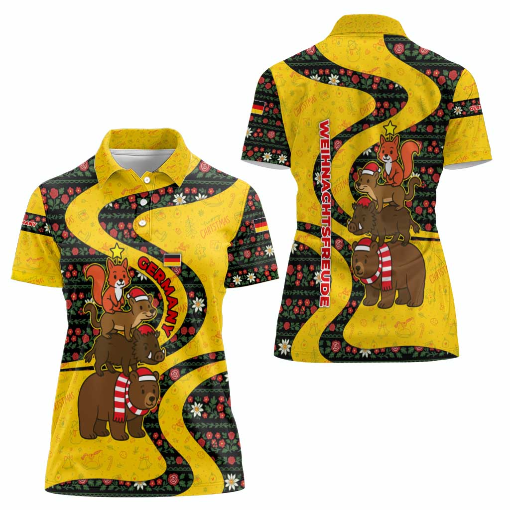 Germany Christmas Women Polo Shirt with Bear Boar Otter Squirrel and Holiday Pattern Design - Wonder Print Shop