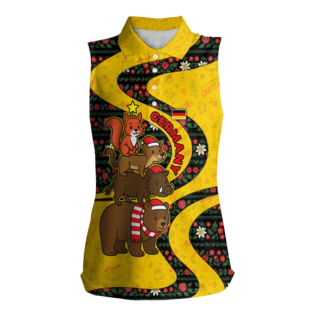 Germany Christmas Women Sleeveless Polo Shirt with Bear Boar Otter Squirrel and Holiday Pattern Design - Wonder Print Shop