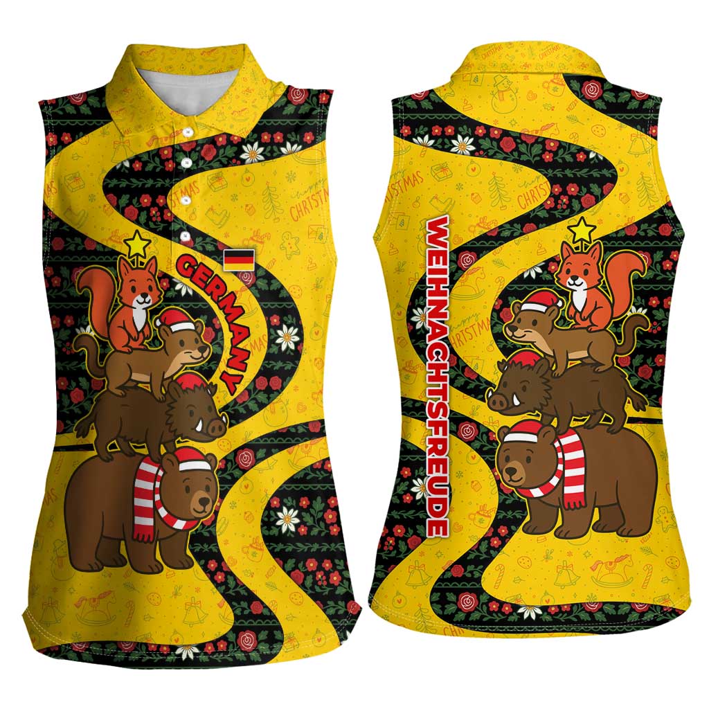 Germany Christmas Women Sleeveless Polo Shirt with Bear Boar Otter Squirrel and Holiday Pattern Design - Wonder Print Shop