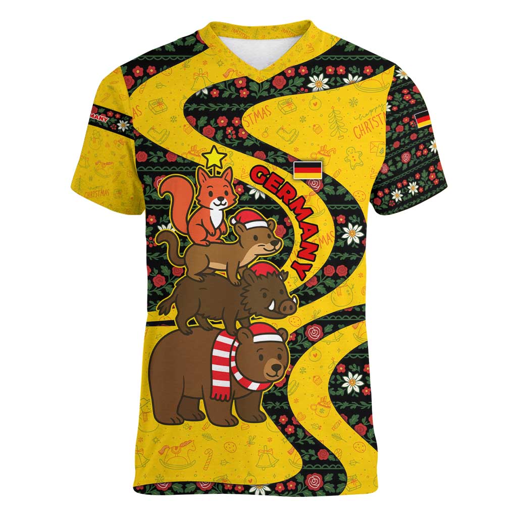 Germany Christmas Women V-Neck T-Shirt with Bear Boar Otter Squirrel and Holiday Pattern Design - Wonder Print Shop