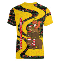Germany Christmas Women V-Neck T-Shirt with Bear Boar Otter Squirrel and Holiday Pattern Design - Wonder Print Shop
