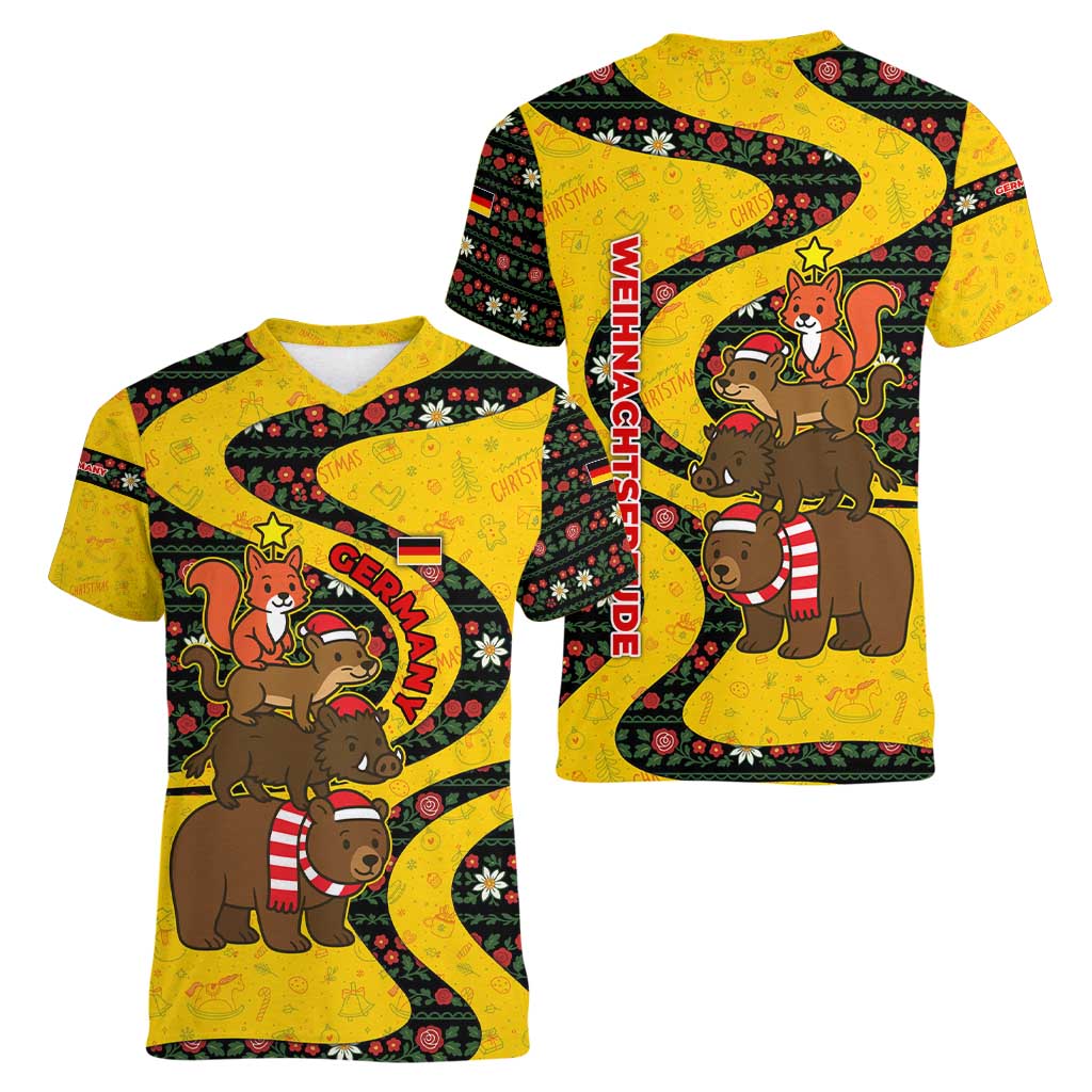 Germany Christmas Women V-Neck T-Shirt with Bear Boar Otter Squirrel and Holiday Pattern Design - Wonder Print Shop
