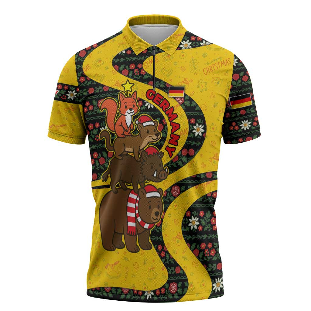Germany Christmas Zipper Polo Shirt with Bear Boar Otter Squirrel and Holiday Pattern Design - Wonder Print Shop