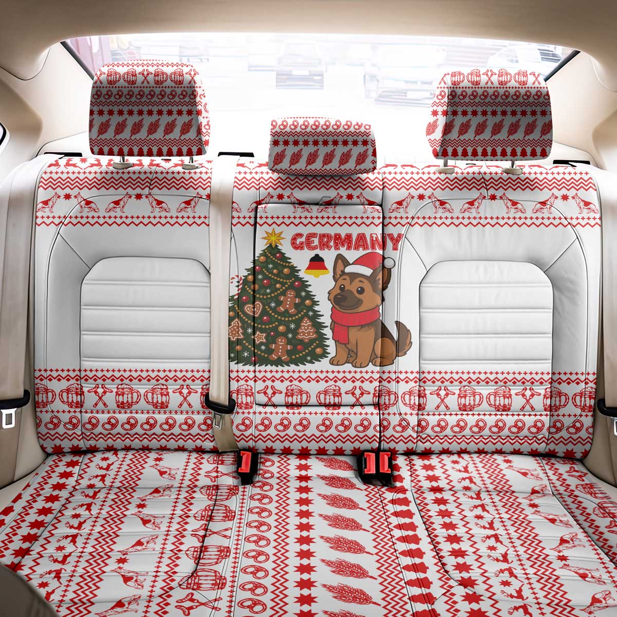 Germany Christmas Back Car Seat Cover with German Shepherd Dog Gingerbread Tree and Red Holiday Pattern - Wonder Print Shop