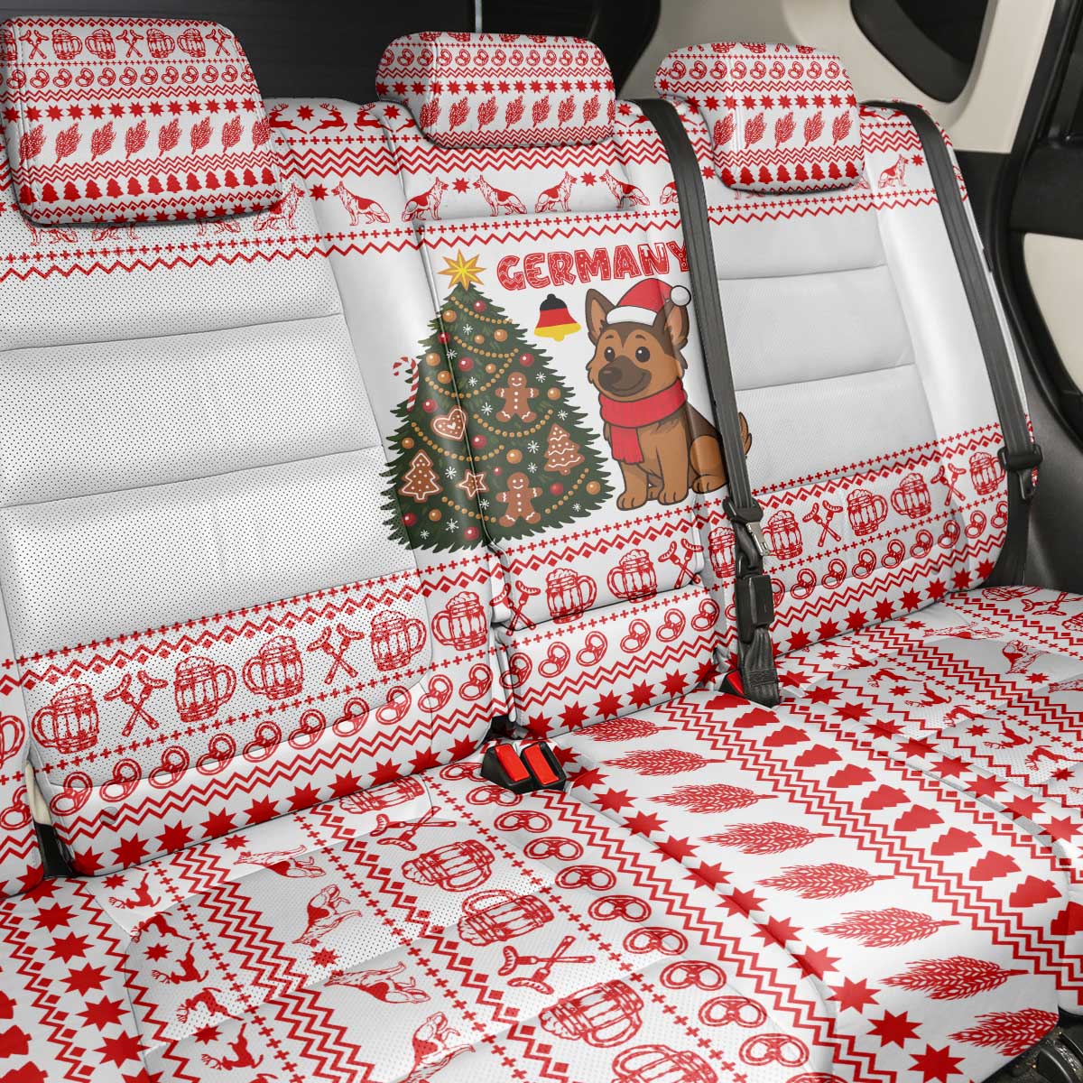 Germany Christmas Back Car Seat Cover with German Shepherd Dog Gingerbread Tree and Red Holiday Pattern - Wonder Print Shop