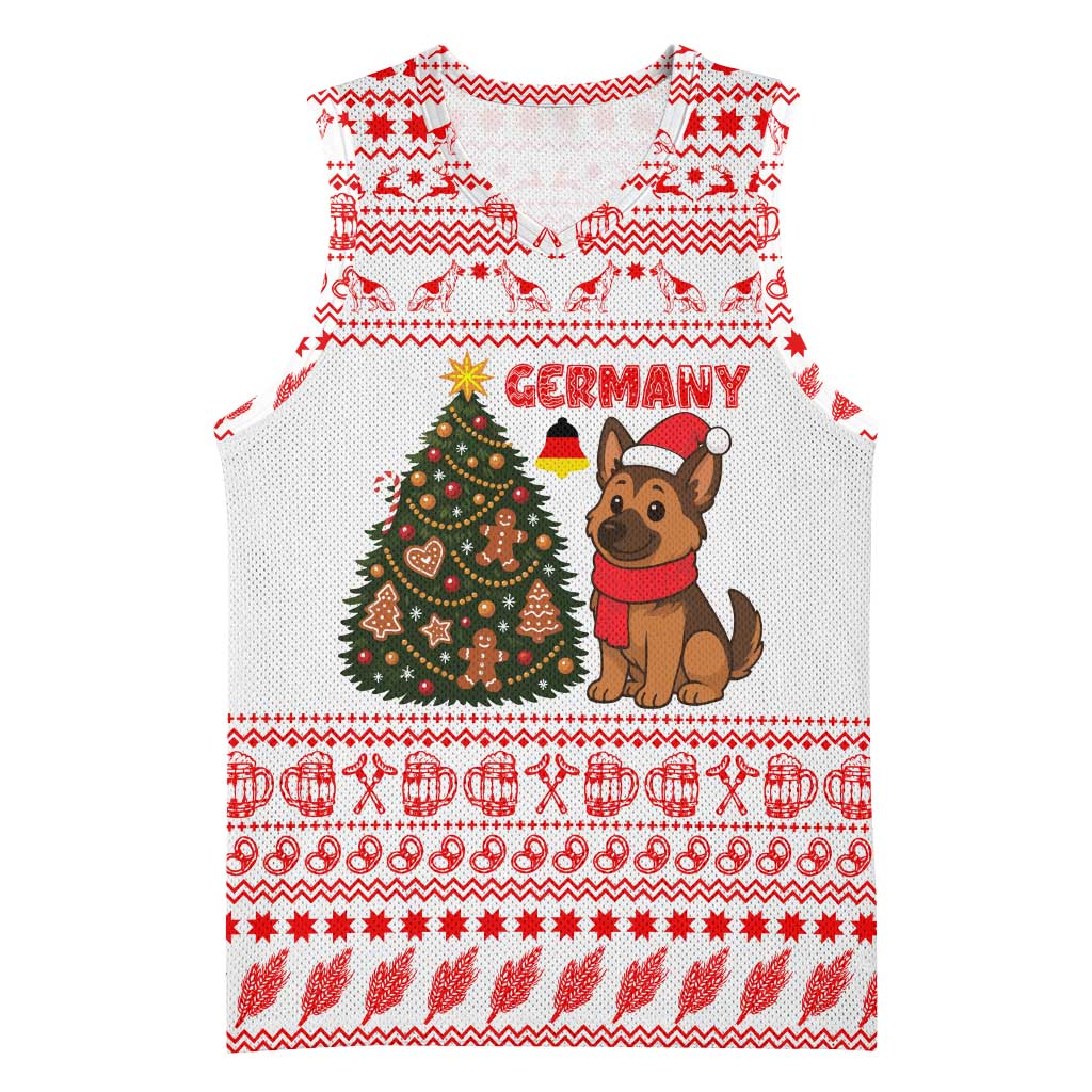 Germany Christmas Basketball Jersey with German Shepherd Dog Gingerbread Tree and Red Holiday Pattern - Wonder Print Shop