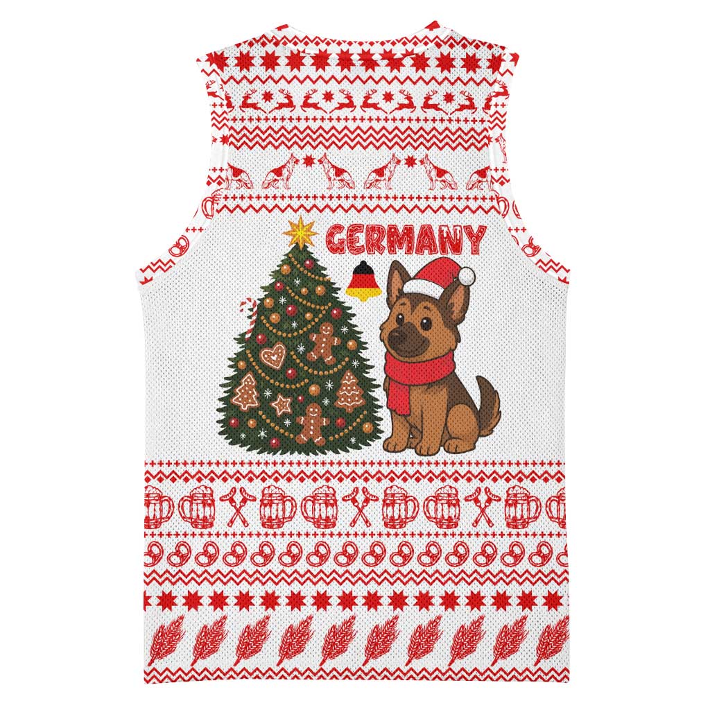 Germany Christmas Basketball Jersey with German Shepherd Dog Gingerbread Tree and Red Holiday Pattern - Wonder Print Shop