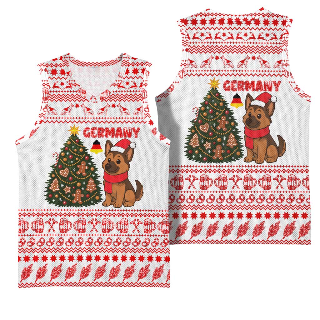 Germany Christmas Basketball Jersey with German Shepherd Dog Gingerbread Tree and Red Holiday Pattern - Wonder Print Shop