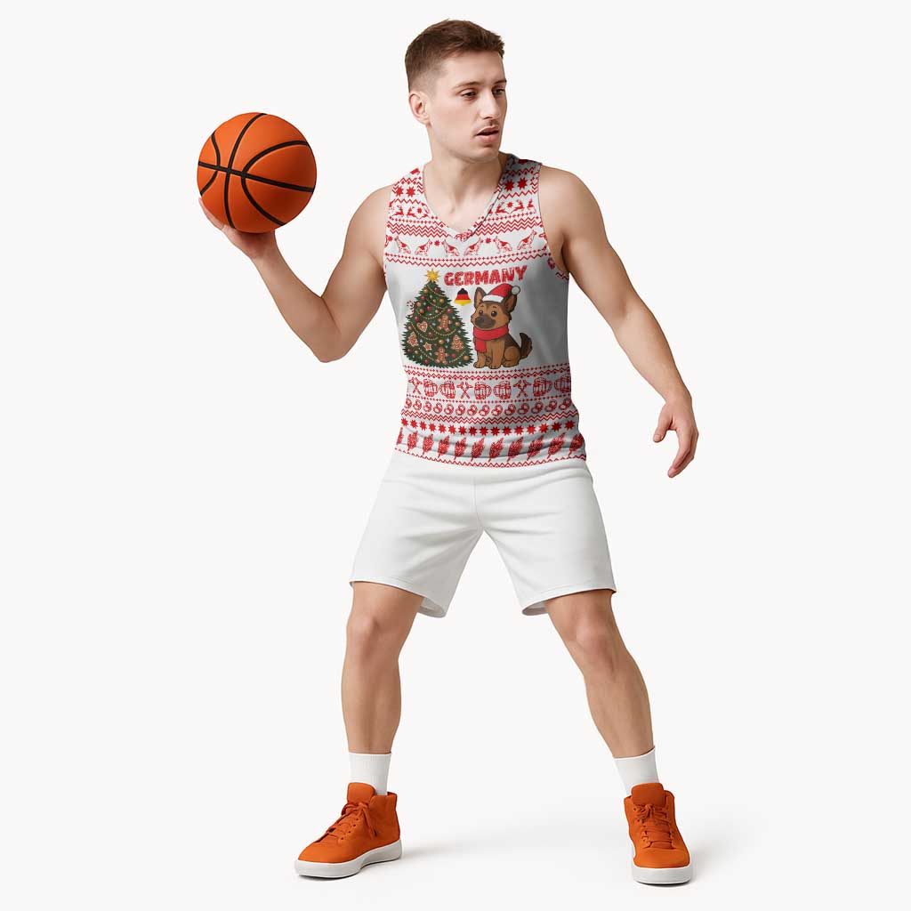 Germany Christmas Basketball Jersey with German Shepherd Dog Gingerbread Tree and Red Holiday Pattern - Wonder Print Shop
