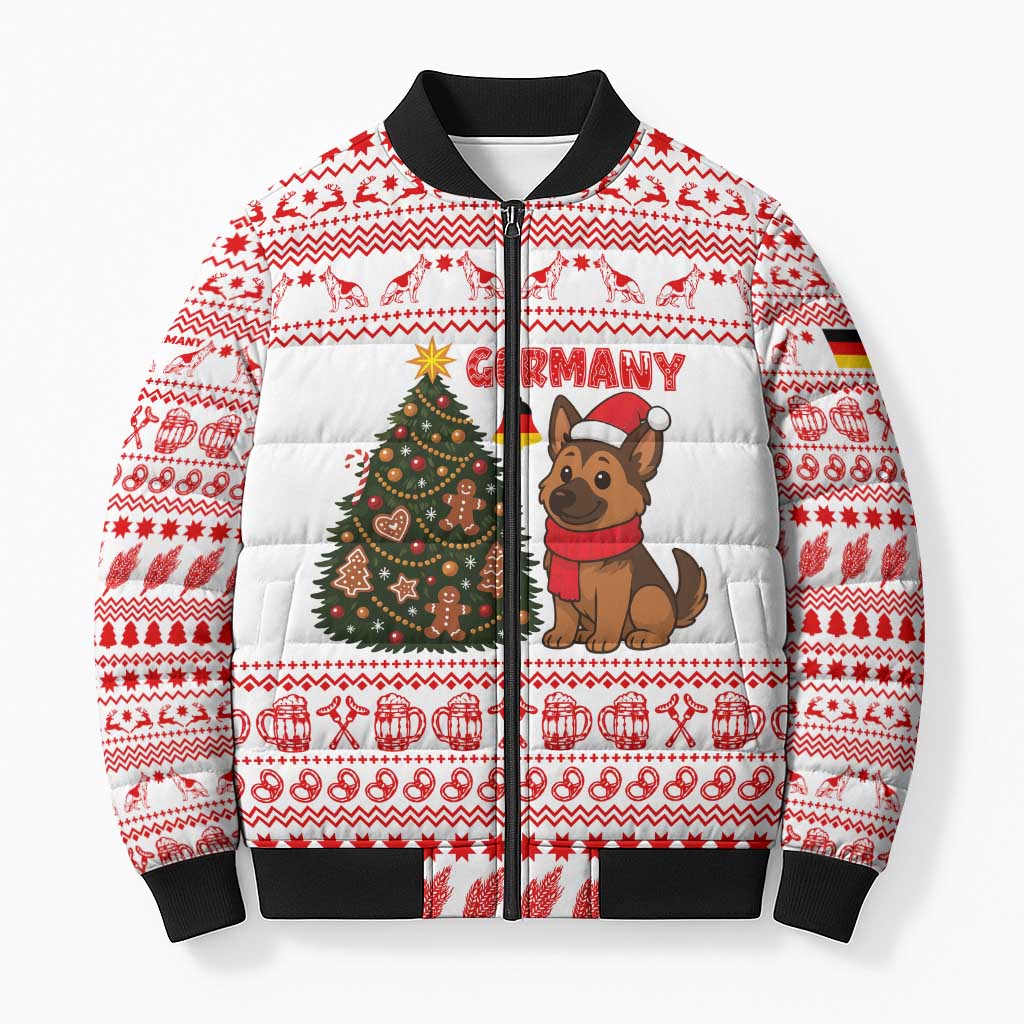 Germany Christmas Bomber Puffer Jacket with German Shepherd Dog Gingerbread Tree and Red Holiday Pattern - Wonder Print Shop