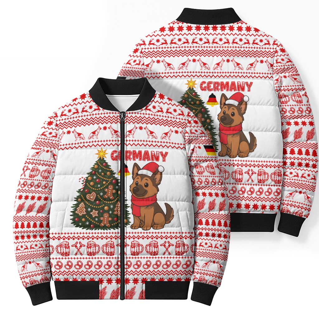 Germany Christmas Bomber Puffer Jacket with German Shepherd Dog Gingerbread Tree and Red Holiday Pattern - Wonder Print Shop