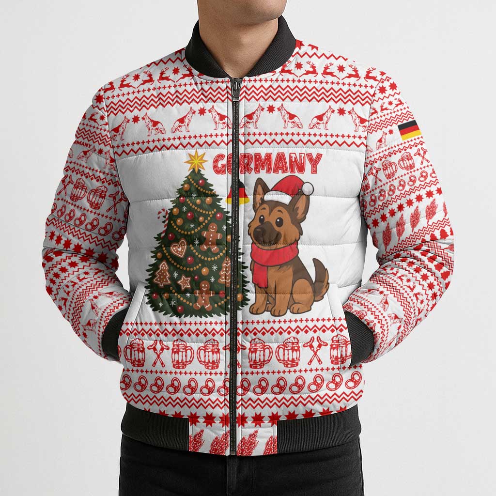 Germany Christmas Bomber Puffer Jacket with German Shepherd Dog Gingerbread Tree and Red Holiday Pattern - Wonder Print Shop