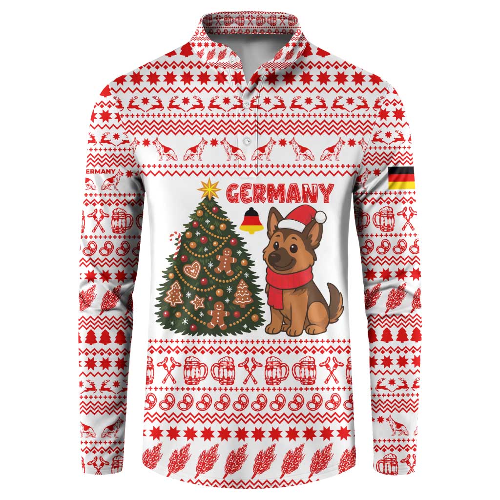 Germany Christmas Button Sweatshirt with German Shepherd Dog Gingerbread Tree and Red Holiday Pattern - Wonder Print Shop
