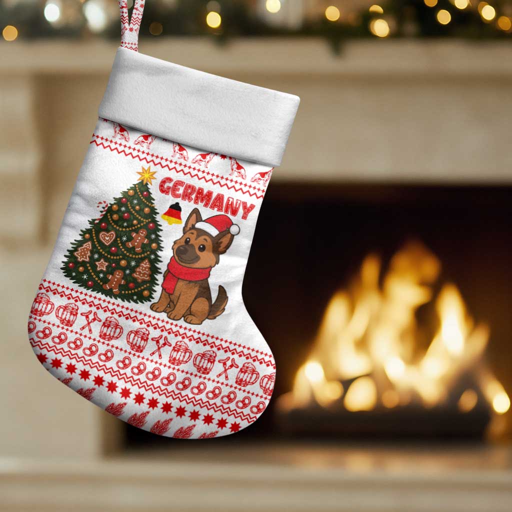Germany Christmas Stocking with German Shepherd Dog Gingerbread Tree and Red Holiday Pattern - Wonder Print Shop