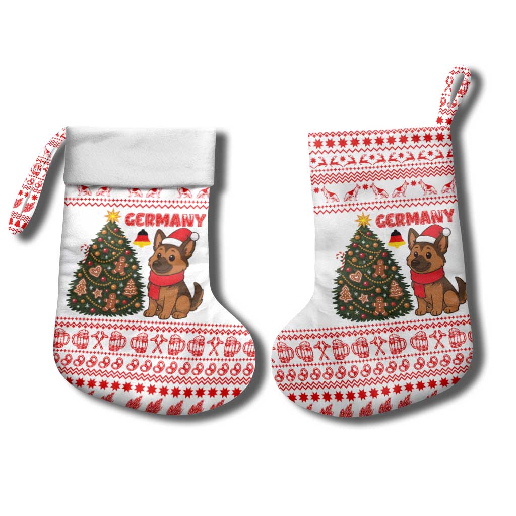 Germany Christmas Stocking with German Shepherd Dog Gingerbread Tree and Red Holiday Pattern - Wonder Print Shop